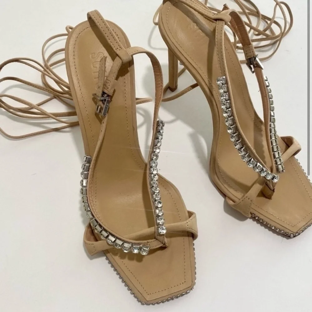 Schutz Vikki Crystal Nude Nubuck Sandal Heels SIZE 7